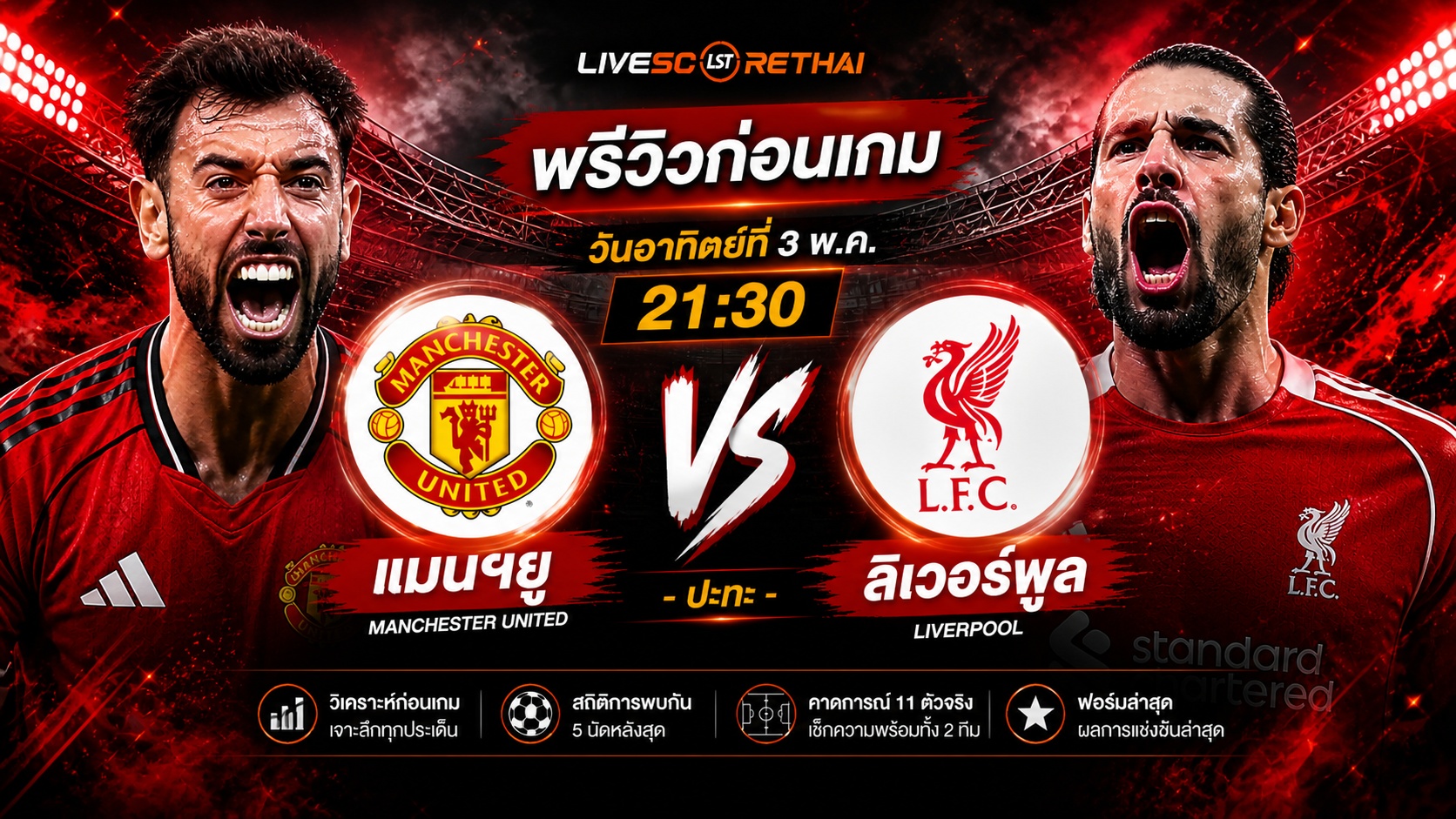 ดูบอลสด ถ่ายทอดสด ฟุตบอล พรีเมียร์ลีก อังกฤษ : แมนฯยู -vs- ลิเวอร์พูล  วันอาทิตย์ ที่ 3 พฤษภาคม 2569  เวลา : 21:30 น.